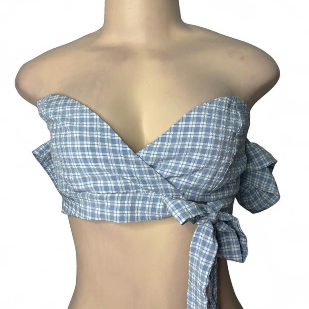 Light Blue Plaid Off Shoulder Wrap Crop Top